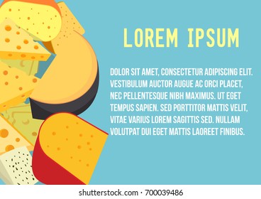Cheese background or banner. Templates of different sorts of fresh gouda, swiss, parmesan and more. Vector