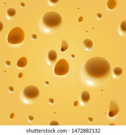 Cheese background with holes of various shapes and depths. 3D vector. High detailed realistic illustration.