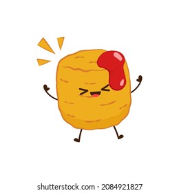 Cheese ball character design. Mozzarella cheese ball on white background. Cheese fried. Ketchup dip.