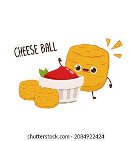 Cheese ball character design. Mozzarella cheese ball on white background. Cheese fried. Ketchup in white dip bowls. Tomato sauce.