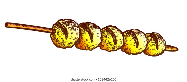 Cheese Balls Fried Kebab Fastfood Retro Vector. Traditional Oriental Snack Grilled Cheese Skewer. Roasted Street Food Engraving Template Hand Drawn In Vintage Style Color Illustration