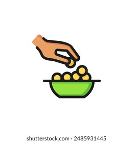 Cheese balls line icon. Hand, taking, eating. Food concept. Vector illustration can be used for topics like dish, lunch, cooking