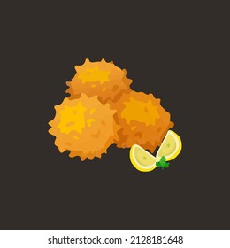 Cheese balls in tempura with a slice of lemon on a dark background. Vector illustration of flat food. Food set. Cheese balls isolated