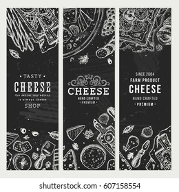 Cheese banner collection. Antipasto table background. Engraved style illustration. Vector illustration