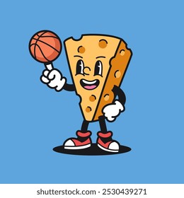 Ilustração do vetor do desenho animado do mascote retrô do basquete do queijo