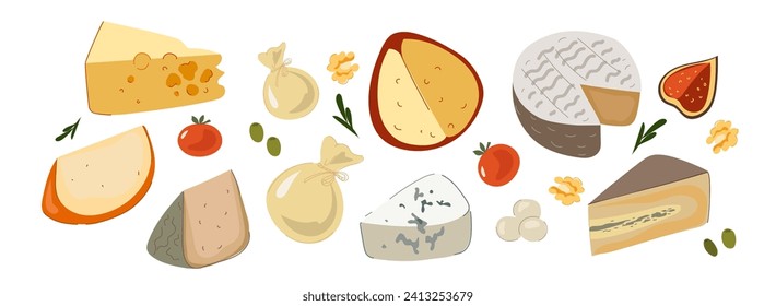 Un gran set de queso. Ilustración vectorial dibujada a mano aislada en fondo blanco.