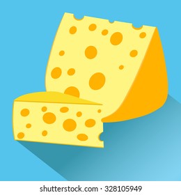 Cheese with big wholes.  Vector illustration with yang dutch cheese.  Element for menu, banners. Dutch yellow piece of cheese 