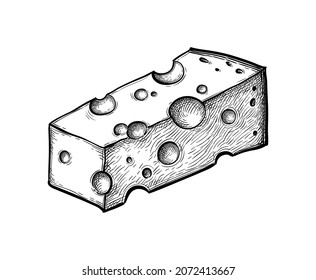 Cheese block. Ink sketch isolated on white background. Hand drawn vector illustration. Vintage style stroke drawing.