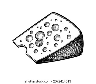 Bloqueo de queso. Esbozo de tinta aislado en fondo blanco. Ilustración vectorial dibujada a mano. Dibujo de trazo de estilo vintage.