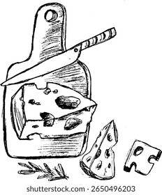 Cheese block with knife and pieces on wooden cutting board  