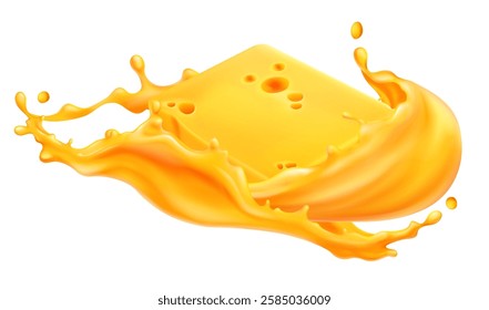 Cheese block with melted liquid splash in dynamic motion with orange color, droplets and waves creating smooth flowing pattern. Realistic dairy texture effect for food design. Molten cheddar sauce.