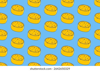 Bloco de queijo padrão sem emenda no fundo azul. cheddar colorido padrão de doodle fundo. queijos rodas isolado papel de parede do motivo. alimentos rótulo, embalagem e mercadoria