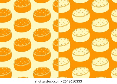 Bloco de queijo silhueta padrão sem emenda no fundo branco amarelo. Fundo de padrão de rabiscar glifo de roda de queijo. Cheddar retro preenchido isolado papel de parede do motivo. alimentos rótulo, embalagem e mercadoria