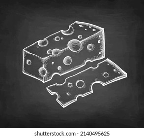 Bloqueo de queso y rodaja. Esbozo de alk en el fondo de la pizarra. Ilustración vectorial dibujada a mano. Dibujo de trazo de estilo vintage.
