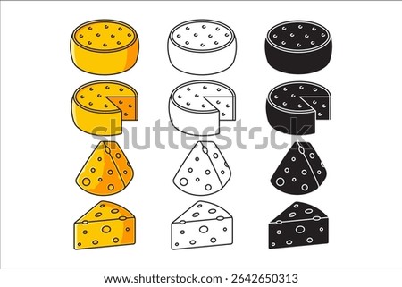 cheese block, wheels, wedges and slice shapes icon set with colorful, outline, line art, silhouette, glyph style. Food label, dairy product, restaurant, cafes, nutrition. Vector illustration.