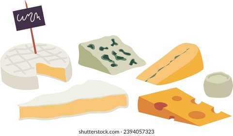 Cheese board. Assortment of french cheeses. Set of vector illustrations. Separated items on a white background. Camembert, brie, gruyère, chèvre, roquefort, morbier