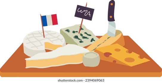 Cheese board. Assortment of french cheeses. Set of vector illustrations. Separated items on a white background. Camembert, brie, gruyère, chèvre, roquefort, morbier