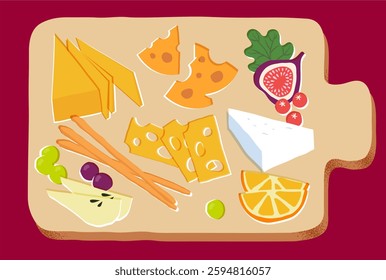Cheese Board - Delicious Charcuterie with Cheese and Fruit Vector Illustration