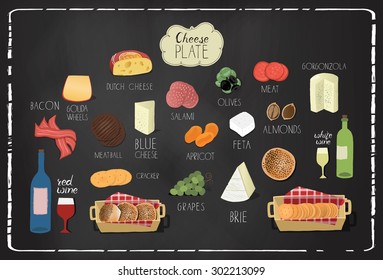 Cheese board design with various appetizers.