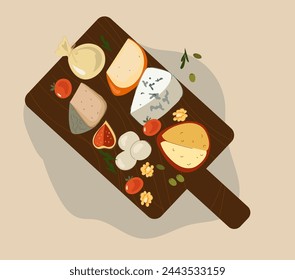 a cheese board with different kinds of cheese greens and vegetables on it. A large set of cheese in a cartouche style. For banners, posters, menus, shop printed products. 