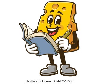 Cheese with book, Cartoon Mascot Illustration Character Vector Clip-art Hand-drawn Logo Design