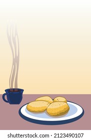 Cheese bread is a baked biscuit made with cheese, sour starch, milk and eggs, a typical food from the state of Minas Gerais, Brazil. Cup of coffee with steam. Vector Illustration.