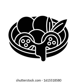 Cheese bread black glyph icon. Arancini. Pão de queijo. Brazilian traditional food. National cuisine. Bakery product in plate. Silhouette symbol on white space. Vector isolated illustration