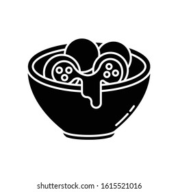 Cheese bread black glyph icon. Arancini. Pão de queijo. Brazilian traditional food. National cuisine. Bakery product. Brazil meal. Silhouette symbol on white space. Vector isolated illustration