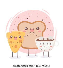 Käsebrot und Schokoladenbecher Frühstück kawaii Lebensmittelcartoon Vektorillustration