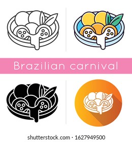 Cheese bread icons set. Linear, black and RGB color styles. Arancini. Pão de queijo. Brazilian traditional food. National cuisine. Bakery product in plate. Brazil meal. Isolated vector illustrations