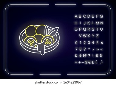 Cheese bread neon light icon. Arancini. Pão de queijo. Brazilian traditional food. National cuisine. Outer glowing effect. Sign, alphabet, numbers and symbols. Vector isolated RGB color illustration