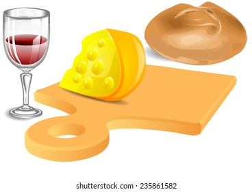 Cheese, bread, wine isolated on a white background