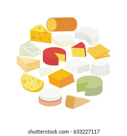 Cheese. Brie, blue, roquefort, camembert, ricotta, feta, maasdam, smoked, pepper Jack, cheddar, american, parmesan, gouda, swiss  Vector illustration of for design menus, recipes and packages product.