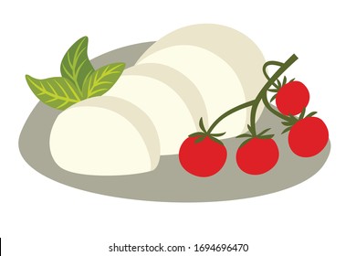 Cheese Buffalo mozzarella vector illustration. Mozzarella slice with basil and tomato cherry. Cartoon style icon, isolated on white background