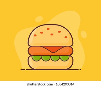 cheese burger american fast food meat grill lettuce with flat full color outline style
