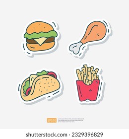 cheese burger bun, fried chicken, tortilla taco, potato french fries doodle icon. Fast food Cute doodle. Cuisine and drink Sticker Set Vector Illustration