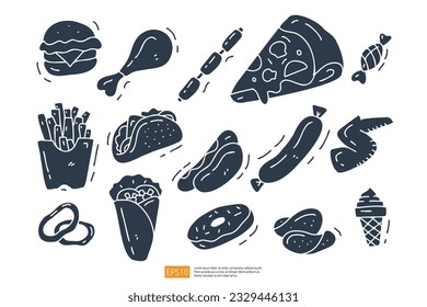 cheese burger bun, fried chicken, tortilla taco, potato french fries doodle icon. Fast food, Cuisine and drink solid icon set Vector Illustration