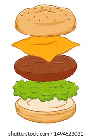 Cheese burger deconstructed, layered, separated, vector illustration