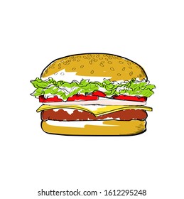Cheese Burger hand drawn colored illustration for menu restaurant flat vector
