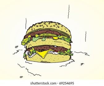 Cheese Burger Hand Drawn Vector Illustration