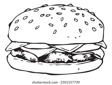 Cheese burger Illustration in black and white and vector format. This illustration is not AI Generated content.