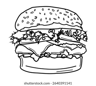 Cheese burger Illustration in black and white vector.