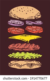 cheese burger with layers or ingredients hand drawn