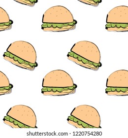 Cheese burger on white background, vector seamless pattern