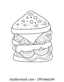 Cheese burger sandwich vegetable cucumbers slide fast food, junk food illustration vector for coloring book page