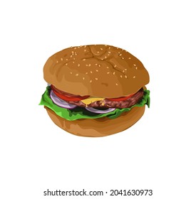 Cheese Burger with Sesame and Vegetables Vector Illustration. Proper for Fast Food Business.