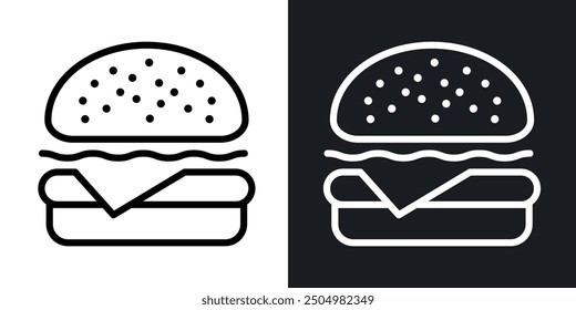 Conjunto de iconos de Vector de hamburguesa de queso relleno en blanco y negro y estilo delineado.