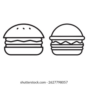 Cheese burger vector icon set,in black outline, solid and colored style,