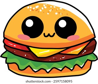 Cheese Burger Vector Illustration, Cartoon Clipart, and Line Art Design