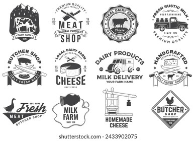 Diseño de insignia de granja familiar de queso, carnicería, lácteos y leche. Plantilla para carnicería, quesos, lácteos y granjas lecheras - tienda, mercado, envasado y menú. Ilustración de vector